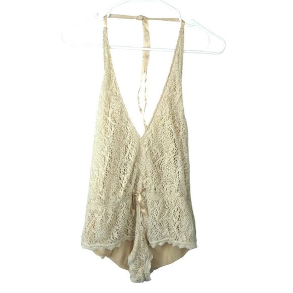 Frederick's of Hollywood Cream Lace Metallic Halter Romper Lingerie Champagne Sm - Picture 1 of 8